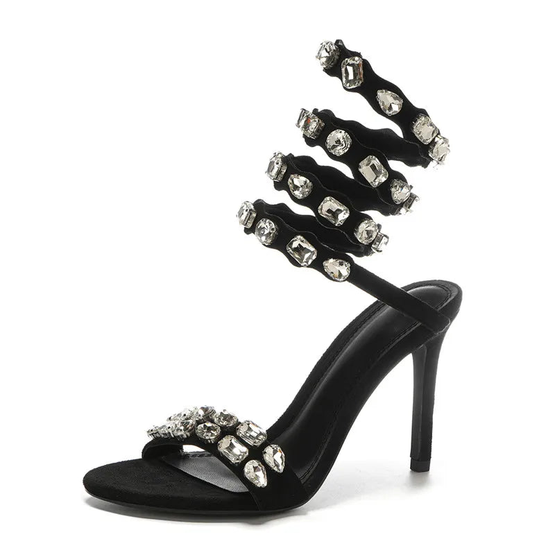 Star Style Luxury Crystal Embellished Wraparound Women Sandals Stiletto High Heels Gladiator Sandals Summer Wedding Prom Shoes