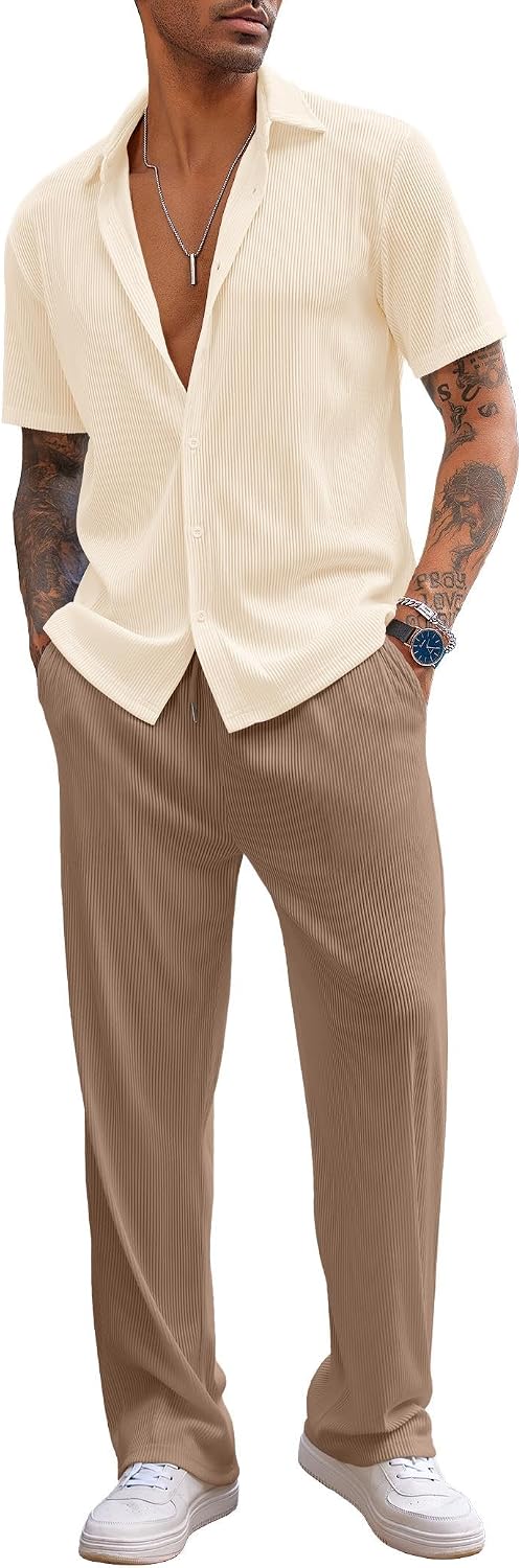 Men'S 2 Piece Outfit Casual Short Sleeve Button down Shirt Beach Summer Loose Pant Sets