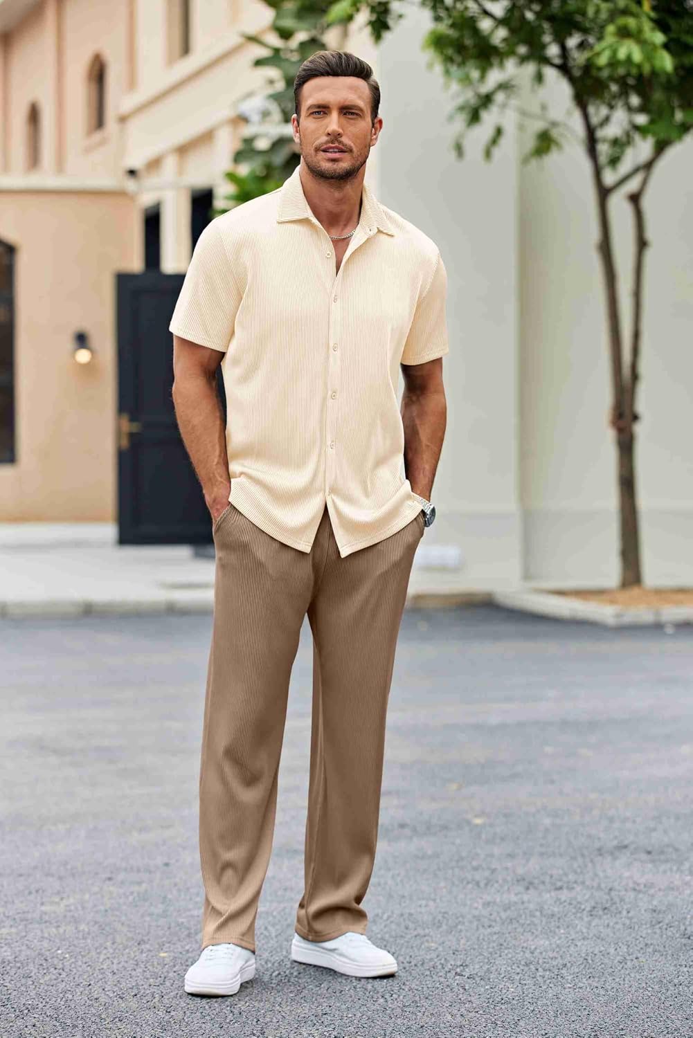 Men'S 2 Piece Outfit Casual Short Sleeve Button down Shirt Beach Summer Loose Pant Sets