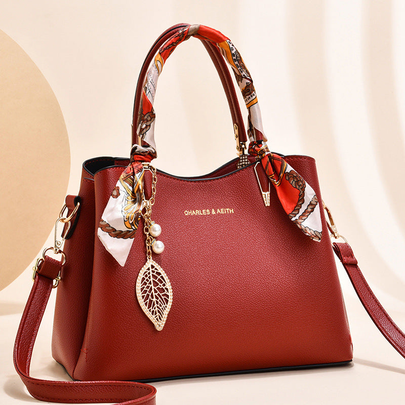 Women'S Shoulder Bag with Leaf Pendant Fashion Silk Scarf Handbag
