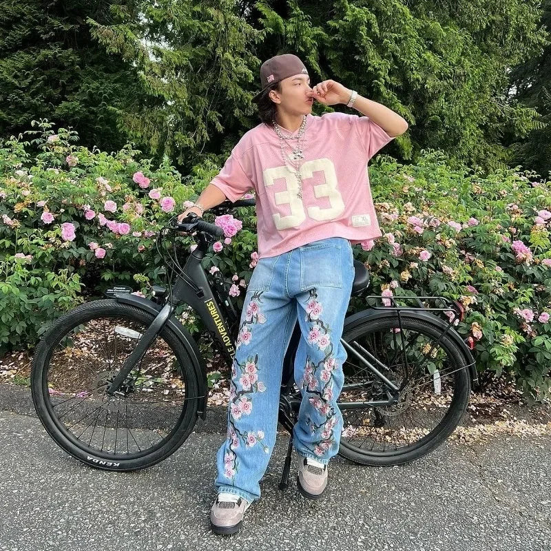 Y2K Pants Men Baggy Harajuku Cherry Blossom Print Pattern Jeans Hip Hop Streetwear Men Women Gothic Casual Wide Leg Denim Pants
