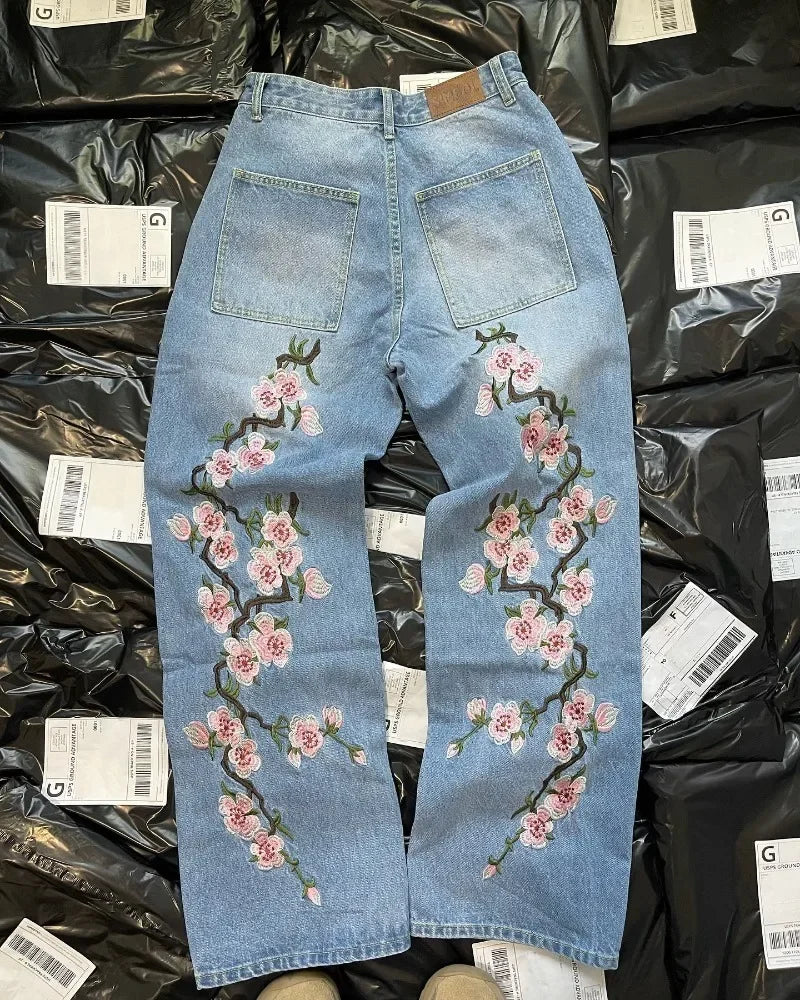 Y2K Pants Men Baggy Harajuku Cherry Blossom Print Pattern Jeans Hip Hop Streetwear Men Women Gothic Casual Wide Leg Denim Pants