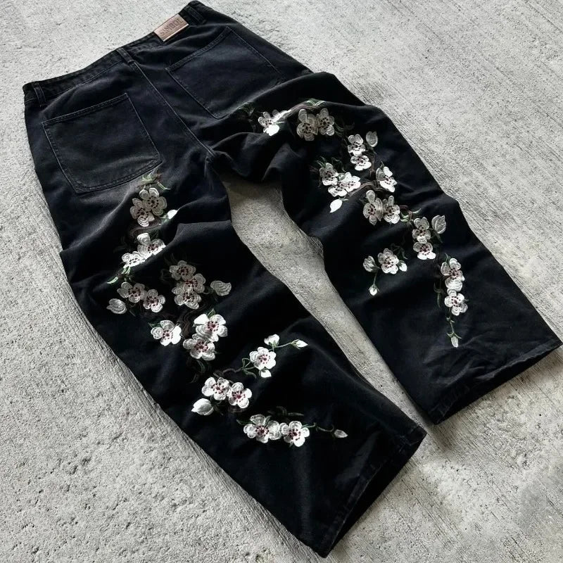 Y2K Pants Men Baggy Harajuku Cherry Blossom Print Pattern Jeans Hip Hop Streetwear Men Women Gothic Casual Wide Leg Denim Pants