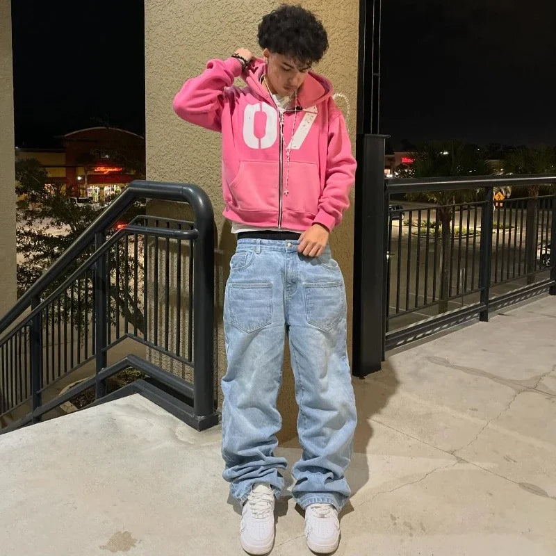 Y2K Pants Men Baggy Harajuku Cherry Blossom Print Pattern Jeans Hip Hop Streetwear Men Women Gothic Casual Wide Leg Denim Pants