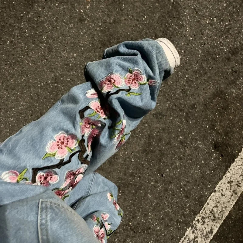 Y2K Pants Men Baggy Harajuku Cherry Blossom Print Pattern Jeans Hip Hop Streetwear Men Women Gothic Casual Wide Leg Denim Pants